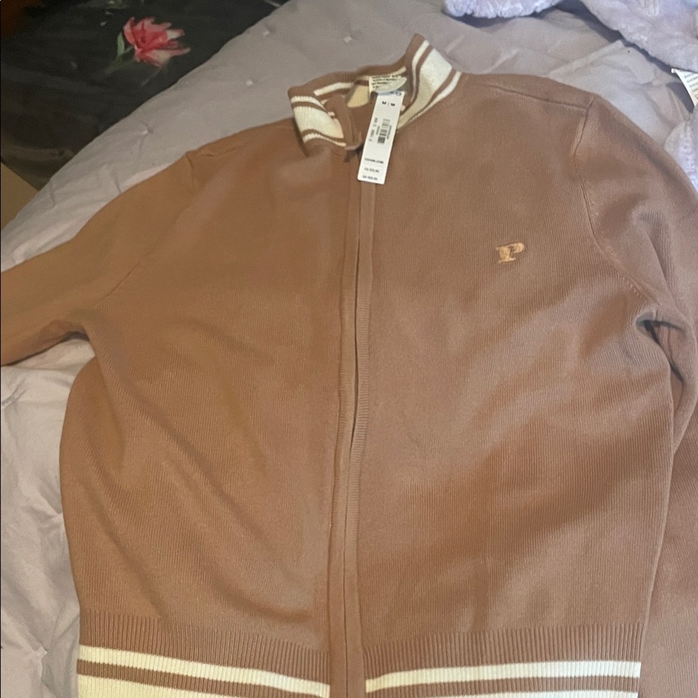 Victoria's Secret Tan Full-Zip Sweater with Cream Trim